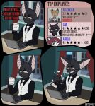  2025 4_panel_comic abigail_(suitedwolfie) ambiguous_species angry anthro balthy_(suitedwolfie) bat beverage black_body black_clothing black_fur black_hair black_shirt black_topwear breaking_object button_(fastener) cain_(suitedwolfie) canid canine cheek_tuft city city_background clothing coffee coffee_mug colored computer curtains_open destruction digital_drawing_(artwork) digital_media_(artwork) dipstick_ears ear_markings ear_piercing ears_down electronics employee eyebrow_through_hair eyebrows eyewear facial_tuft femboy fox fur furniture gesture glasses gold_button gold_glasses grey_body grey_fur hair head_tuft hi_res humor internet laptop looking_at_viewer maid_uniform male mammal markings mole_(marking) multicolored_ears neck_tuft necktie orange_body orange_fur piercing pink_inner_ear pivoted_ears pun pupils raised_eyebrow raised_finger raised_pinky rating_scale red_fox red_hair review shirt slit_pupils smile solo star suit suitedwolfie table tongue tongue_out topwear translucent translucent_hair true_fox tuft typing uniform upset visual_pun watermark website white_body white_clothing white_eyes white_fur white_markings white_necktie white_suit window working yellow_eyes 