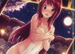  breasts brown_hair cherry_blossoms cleavage collarbone covered_navel covering dutch_angle embarrassed groin highres idolmaster idolmaster_million_live! ima_(lm_ew) long_hair looking_at_viewer medium_breasts night nude_cover onsen open_mouth outdoors red_eyes solo sparkle standing tanaka_kotoha towel very_long_hair 