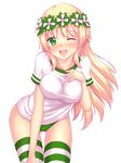  ;d ass_visible_through_thighs blonde_hair breasts buruma collarbone covered_nipples cowboy_shot eyebrows_visible_through_hair fast-runner-2024 green_buruma green_eyes hand_on_own_knee head_wreath highres leaning_forward long_hair looking_at_viewer medium_breasts one_eye_closed open_mouth original shirt short_sleeves simple_background smile solo standing striped striped_legwear t-shirt thighhighs very_long_hair white_background white_shirt 