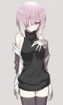  aran_sweater backless_dress backless_outfit bangs black_legwear breasts closed_mouth clothes_pull cowboy_shot dress fate/grand_order fate_(series) flying_sweatdrops grey_background hair_between_eyes halterneck hama_chon hand_on_own_chest hood hoodie lavender_hair looking_at_viewer mash_kyrielight medium_breasts meme_attire purple_eyes purple_hair ribbed_sweater short_hair sideboob simple_background smile solo sweater sweater_dress thighhighs turtleneck turtleneck_sweater virgin_killer_sweater 