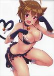  :d ahoge animal_ears bell bell_collar bikini bikini_skirt black_bikini black_gloves breasts brown_hair cat_ears cleavage collar eyebrows_visible_through_hair fang gloves groin hair_between_eyes heart heart_tail highres ibuki_tsubasa idolmaster idolmaster_million_live! ima_(lm_ew) kneeling large_breasts looking_at_viewer navel open_mouth paw_pose purple_eyes shiny shiny_hair shiny_skin short_hair side-tie_bikini sideboob smile solo stomach strap_gap swimsuit tail tail_bell white_background 