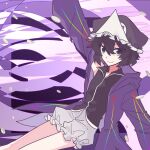  1other androgynous arrow_print artist_request bare_legs black_shirt closed_mouth coattails collared_shirt commentary commission english_commentary feet_out_of_frame floating frilled_headwear frilled_shorts frills hair_between_eyes hat hood hood_down hooded_jacket jacket len'en long_sleeves mob_cap open_jumpsuit other_focus outstretched_arms petals print_jacket puffy_shorts purple_background purple_hair purple_hat purple_jacket second-party_source shirt shitodo_kuroji short_hair shorts single_bare_shoulder sleeveless sleeveless_shirt smile solo triangular_headpiece white_shorts zipper 