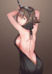  alternate_costume arched_back arms_up artist_name ass back backless_outfit bare_arms bare_back bare_shoulders black_ribbon black_sweater blush breasts brown_background brown_hair butt_crack commentary cowboy_shot dress eyebrows_visible_through_hair from_behind green_eyes grin jack_hamster kantai_collection large_breasts looking_at_viewer looking_back meme_attire mutsu_(kantai_collection) no_bra parted_lips pink_lips ribbon short_hair shoulder_pads sideboob simple_background sleeveless smile solo standing sweater sweater_dress teeth turtleneck turtleneck_sweater virgin_killer_sweater 