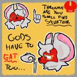 ambiguous_gender anthro bone bone_mask cultist dialogue duo gesture hand_gesture holding_micro human humanoid imminent_vore intersex intersex/male john_(ratfucker616) male mammal mask micro murid murine pointing rat ratfucker616 rodent skull skull_mask wearing_mask