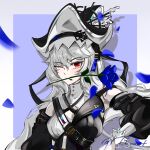  1girl absurdres arknights black_hat blue_flower blue_rose border chinese_commentary drop_shadow english_commentary falling_petals flower grey_hair grey_hat hair_between_eyes hat highres long_hair long_sleeves looking_at_viewer mixed-language_commentary mouth_hold one_eye_closed outside_border petals purple_background red_eyes rose solo specter_(arknights) specter_the_unchained_(arknights) strap threat_(pixiv58804205) two-sided_fabric two-sided_headwear upper_body watermark 