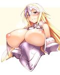  armor armored_dress blonde_hair blue_eyes blush breasts fate/apocrypha fate/grand_order fate_(series) fur_trim headpiece heavy_breathing highres huge_breasts inverted_nipples jeanne_d'arc_(fate) jeanne_d'arc_(fate)_(all) kagami_uekusa long_hair nipples parted_lips puffy_nipples simple_background smile solo upper_body white_background 