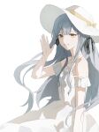  1girl absurdres artist_request bang_dream! bang_dream!_it's_mygo!!!!! black_ribbon blue_hair chinese_commentary commentary_request commission dress hair_ribbon hat highres long_hair looking_at_viewer off-shoulder_dress off_shoulder ribbon second-party_source short_sleeves sidelocks simple_background solo togawa_sakiko waving white_background white_dress white_hat 