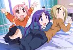  :d \o/ absurdres arms_up ass barefoot blonde_hair casual denim highres hinata_yukari ichii_yui jeans lying megami multiple_girls nonohara_yuzuko official_art open_mouth outstretched_arms pants pink_hair purple_hair smile suwa_masahiro sweater toe_scrunch yuyushiki 