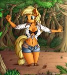 2017 anthro applejack_(mlp) blonde_hair boots bra breasts cleavage clothed clothing equine eyelashes female footwear freckles friendship_is_magic fur grass green_eyes hair horse mammal mud my_little_pony navel neko-me orange_fur outside pony solo tree underwear wide_hips 