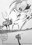 2025 2_horns 2_panel_comic absurd_res ambiguous_gender arthropod biped black_body black_eyes black_text clothing comic dialogue dress duo empty_eyes english_text exclamation_point female_(lore) first_sinner hi_res holding_melee_weapon holding_object holding_weapon hollow_knight:_silksong hollow_knight_(franchise) horn hornet_(hollow_knight) melee_weapon monochrome speech_bubble standing starbind_s talking_to_another team_cherry text weapon weaver_(hollow_knight)