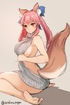  1girl animal_ears arakure artist_name backless_outfit bare_arms bare_back bare_legs bare_shoulders barefoot beige_background blue_bow bow breasts brown_eyes closed_mouth commentary_request fate/extra fate_(series) fox_ears fox_tail grey_sweater hair_bow long_hair looking_at_viewer looking_back medium_breasts meme_attire naked_sweater pink_hair sideboob simple_background sitting sleeveless soles solo sweater tail tamamo_(fate) tamamo_no_mae_(fate/extra) toes turtleneck turtleneck_sweater twintails twisted_torso virgin_killer_sweater wariza 