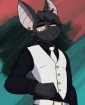  2025 :< anthro bat belt big_ears black_body black_clothing black_fur black_hair black_shirt black_topwear buckle button_(fastener) cain_(suitedwolfie) cheek_tuft close-up clothing collared_shirt digital_drawing_(artwork) digital_media_(artwork) ear_piercing eyebrow_through_hair eyebrows eyewear facial_tuft fist fur glasses gold_buttons gold_glasses golden_buckle hair head_tuft hi_res male mammal markings narrowed_eyes necktie piercing pink_eyes pink_inner_ear shaded shirt simple_background snaggle_teeth snout solo standing suit suitedwolfie topwear translucent translucent_hair tuft upper_teeth white_belt white_clothing white_markings white_necktie white_suit 