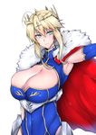  &gt;:( absurdres ahoge armpits artoria_pendragon_(all) artoria_pendragon_(lancer) bangs blonde_hair blue_leotard breasts cape cleavage cleavage_cutout closed_mouth covered_navel crown fate/grand_order fate_(series) frown fur_trim gggg green_eyes highres huge_breasts leotard looking_at_viewer sidelocks solo upper_body v-shaped_eyebrows 
