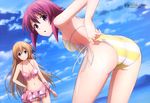  absurdres adjusting_clothes adjusting_swimsuit ass bikini bikini_skirt blue_eyes breasts brown_hair chaos;child cleavage cloud cloudy_sky collarbone day flower groin hair_flower hair_ornament hand_on_hip highres kurusu_nono leaning_forward long_hair looking_at_viewer medium_breasts megami multiple_girls ocean official_art onoe_serika ootsuki_minao outdoors parted_lips pink_bikini purple_eyes purple_hair side-tie_bikini sideboob sidelocks sky smile standing stomach striped striped_bikini swimsuit very_long_hair 