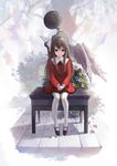  brown_eyes brown_hair closed_mouth commentary deemo deemo_(character) dress expressionless feathered_wings full_body girl_(deemo) highres long_hair long_sleeves looking_at_viewer mary_janes neck_ribbon pantyhose puffy_long_sleeves puffy_sleeves red_dress ribbon shoes sidelocks sishenfan sitting white_legwear white_wings wings 