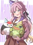  1girl :d ahoge anyoji_hime blonde_hair blue_eyes blue_hat brown_dress commentary_request curtained_hair dress ganbarai gonzales_(love_live!) gradient_hair hair_intakes happy_birthday hasu_no_sora_school_uniform hat holding holding_stuffed_toy hood hooded_jacket jacket link!_like!_love_live! long_hair long_sleeves love_live! multi-tied_hair multicolored_hair neckerchief open_clothes open_jacket open_mouth parted_bangs party_hat pink_hair pink_jacket pleated_dress ponytail purple_background purple_hat sailor_collar sailor_dress school_uniform side_part sidelocks smile solo stuffed_animal stuffed_bird stuffed_dinosaur stuffed_toy text_background tsuru_(love_live!) very_long_hair virtual_youtuber white_sailor_collar winter_uniform yellow_hat yellow_neckerchief 