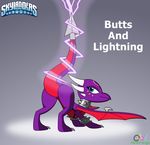  ass_up blue_eyes bracelet butt catchphrase cynder dragon female horn jewelry lightning looking_back markings membranous_wings necklace oddy_mcstrange presenting purple_skin raised_tail scalie skylanders solo spyro_the_dragon tagme text twerking video_games wings 