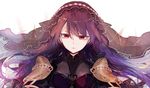  bodysuit breasts canothy fate/grand_order fate_(series) highres large_breasts long_hair looking_at_viewer pauldrons purple_bodysuit purple_hair red_eyes scathach_(fate)_(all) scathach_(fate/grand_order) sketch solo veil 