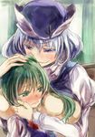  aqua_eyes between_breasts blue_eyes blue_hair blush breasts daiyousei green_hair hand_on_another's_head hat head_between_breasts hug large_breasts letty_whiterock long_hair multiple_girls no_bra open_mouth shirt_lift short_hair side_ponytail touhou upper_body yohane yuri 