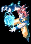  1boy aura black_background blue_boots blue_sash blue_shirt blue_wrist_cuffs boots dougi dragon_ball dragon_ball_super dragon_ball_z dragon_ball_z_fukkatsu_no_f energy_ball full_body highres medium_hair muscular muscular_male open_mouth orange_pants orange_shirt pants red_eyes red_hair sash shirt simple_background solo son_gohan_love son_goku spiked_hair super_saiyan super_saiyan_god wrist_cuffs 