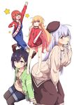  &gt;_&lt; :3 :d :o aran_sweater arm_up barefoot beret between_legs blonde_hair blush blush_stickers casual clenched_hands closed_eyes clothes_writing commentary cross_hair_ornament gabriel_dropout hair_ornament hairclip hand_between_legs hands_in_pockets hat highres jacket jpeg_artifacts kurumizawa_satanichia_mcdowell lavender_hair long_hair multiple_girls no_pants official_art open_mouth overalls pantyhose pantyhose_under_shorts purple_eyes red_hair sash shiraha_raphiel_ainsworth shorts simple_background smile sweater tenma_gabriel_white track_jacket translated tsukinose_vignette_april turtleneck ukami very_long_hair white_background x_hair_ornament yellow_eyes 