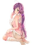  aran_sweater arihara_(arhr0) asymmetrical_legwear back bare_back breasts butt_crack covered_nipples dress frown green_eyes hand_in_hair large_breasts long_hair loose_socks love_live! love_live!_school_idol_project meme_attire no_shoes over-kneehighs purple_hair purple_scrunchie scrunchie sideboob simple_background sitting socks solo sweater sweater_dress thighhighs toujou_nozomi virgin_killer_sweater white_background 