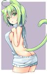  ahoge animal_ears ass backless_dress backless_outfit bangs bare_back blush breasts butt_crack cat_ears cat_tail chestnut_mouth cowboy_shot dodome-iro_mayonnaise dress eyebrows_visible_through_hair green_eyes green_hair grey_background hair_between_eyes halterneck hand_on_own_chest hand_up large_breasts looking_at_viewer meme_attire naked_sweater original parted_lips ribbed_sweater sharon_(dodomayo) short_hair sideboob simple_background solo sweater sweater_dress tail turtleneck turtleneck_sweater virgin_killer_sweater 