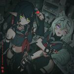  2girls absurdres ahoge arm_tattoo bandaid bandaid_on_arm bandaid_on_cheek bandaid_on_face black_gloves black_hair black_sailor_collar black_serafuku black_shirt black_skirt black_thighhighs bracelet brand_name_imitation choker commentary cross_hair_ornament cross_tattoo elbow_gloves english_commentary filian_(vtuber) fingerless_gloves gloves green_eyes grey_hair hair_intakes hair_ornament highres holding holding_syringe indie_virtual_youtuber jewelry layna_lazar long_hair long_pointy_ears lotion_bottle multiple_girls parted_lips pelvic_curtain pointy_ears purple_eyes ribbon rindo_(vrchat) sailor_collar school_uniform serafuku shirt short_sleeves skirt sleeveless sleeveless_shirt spiked_bracelet spiked_choker spikes syringe tattoo thighhighs virtual_youtuber welch's x_hair_ornament zhvo 