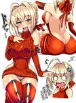  :o ahoge alternate_costume arched_back ass backless_outfit bare_back bare_shoulders black_ribbon blush breasts commentary_request detached_sleeves fate/extra fate_(series) green_eyes hair_ribbon looking_at_viewer medium_breasts meme_attire multiple_views nero_claudius_(fate) nero_claudius_(fate)_(all) no_bra o_o open_mouth panties pink_panties red_legwear ribbon shiny shiny_skin simple_background sitting solid_circle_eyes thighhighs translation_request underwear v-shaped_eyebrows virgin_killer_sweater white_background yasakani_an 