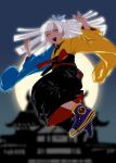  1girl architecture black_pants blue_kimono blue_shoes blurry blurry_background east_asian_architecture floating_hair full_body full_moon hands_up highres japanese_clothes kimono long_hair long_sleeves looking_at_viewer moon muteki_shogun ninja_sentai_kakuranger open_mouth pants shoes smile sneakers solo super_sentai two-tone_kimono ueyama_michirou white_hair wide-leg_pants yellow_eyes yellow_kimono 