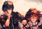  2boys black_hair blue_eyes brown_hair chain_necklace crossover crown final_fantasy final_fantasy_xv fingerless_gloves gloves grin hand_on_head holding holding_weapon jacket keyblade kingdom_hearts multiple_boys noctis_lucis_caelum open_mouth short_sleeves smile sora_(kingdom_hearts) spiked_hair star 