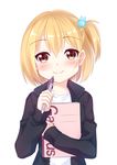  1girl blonde_hair blush haikyuu!! jacket kitsuneco looking_at_viewer notebook pen short_hair smile solo star white_background yachi_hitoka 