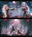  2girls absurdres artist_request bang_dream! bang_dream!_it's_mygo!!!!! black_dress black_gloves black_ribbon black_shorts black_skirt blonde_hair blue_hair braid breasts brown_corset chinese_commentary commentary_request commission corset demon_tail doloris_(bang_dream!) dress falling_petals gloves hair_ribbon highres holding holding_sword holding_weapon horns kneeling long_hair long_sleeves medium_breasts misumi_uika multiple_girls oblivionis_(bang_dream!) petals red_corset ribbon second-party_source shorts sidelocks skirt sword tail togawa_sakiko weapon yellow_eyes 