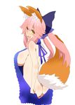  absurdres animal_ears ass back backless_dress backless_outfit bare_back bare_shoulders breasts butt_crack dress fang fate/extella fate/extra fate_(series) fox_ears fox_tail from_behind halterneck highres large_breasts looking_at_viewer looking_back meme_attire naked_sweater open_mouth pink_hair sideboob simple_background solo sweater sweater_dress tail tamamo_(fate)_(all) tamamo_no_mae_(fate) turtleneck turtleneck_sweater virgin_killer_sweater white_background yellow_eyes 