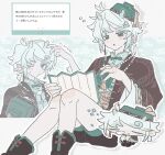  1boy :o androgynous blush boots brown_boots brown_jacket brown_shorts chibi chinese_clothes clothing_request earrings eastern_dragon_horns edgar_valden edgar_valden_(sealed_chronicler) gradient_hair green_eyes green_hair green_hat hat highres holding holding_map identity_v jacket jewelry low_ponytail male_focus map multicolored_hair multiple_views necklace no_headwear nose_bubble official_alternate_costume pearl_necklace ponytail puffy_shorts scales short_ponytail shorts sidelocks single_earring sleeping striped_blush translation_request trap u0el_t white_hair 