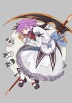  1girl asprosgy bob_cut bow cup doll dress eiyuu_densetsu estelle_bright footwear_bow full_body hair_bow hair_ribbon hashtag-only_commentary highres holding holding_doll huge_weapon joshua_bright leonhardt_(eiyuu_densetsu) lying mary_janes neckerchief on_side purple_hair red_bow red_neckerchief renne_(eiyuu_densetsu) ribbon saucer scythe shoes short_hair socks solo sora_no_kiseki spoon teacup weapon white_socks 