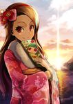  bow brown_hair closed_mouth cloud commentary_request evening floral_print fur_collar hair_bow hairband highres idolmaster idolmaster_(classic) japanese_clothes kimono light_rays long_hair long_sleeves looking_at_viewer minase_iori mountain ocean otonashi_kotori outdoors paddle pink_bow pos red_eyes reflection sash smile solo sunbeam sunlight sunset upper_body water wide_sleeves yukata 