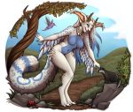  2018 ambiguous_gender anthro avian badger bird blue_eyes breasts day detailed_background digital_media_(artwork) eyelashes featureless_breasts female feral grass mammal mustelid nude outside robyn_paperdoll rock sky smile 