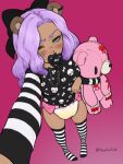 absurd_res bear blush bodily_fluids clothed clothing diaper fake_blood female floofnfluff genital_fluids hair hi_res legwear looking_at_viewer mammal object_in_mouth pacifier pacifier_in_mouth pink_diaper plushie purple_hair selfie skull_pattern solo stockings unclean_diaper urine used_diaper wearing_diaper wet_diaper