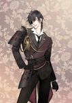  armor black_gloves black_hair eyepatch flower gloves hand_on_hip highres japanese_armor male_focus necktie nijiiro_santa shokudaikiri_mitsutada shoulder_armor smile sode solo touken_ranbu yellow_eyes 