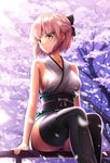  ahoge black_legwear blush bow breasts cherry_blossoms derauea fate_(series) hair_bow highres japanese_clothes koha-ace large_breasts looking_at_viewer okita_souji_(fate) okita_souji_(fate)_(all) open_mouth pink_hair sash short_hair sitting solo thighhighs yellow_eyes 