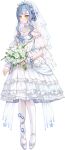  1girl absurdres artist_request bang_dream! bang_dream!_it's_mygo!!!!! blue_hair bouquet bridal_veil chinese_commentary commentary_request commission detached_sleeves dress flower full_body highres holding holding_bouquet long_hair pantyhose second-party_source shoes short_hair_with_long_locks sidelocks simple_background solo togawa_sakiko transparent_background veil wedding_dress white_flower white_pantyhose white_shoes white_wrist_cuffs wrist_cuffs yellow_eyes 