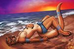  beach blue_eyes bulge butt clothing cute firly flirting hindpaw inviting kadohusky looking_at_viewer lying male mammal mustelid on_back otter paws pinup pose sea seaside solo sunset underwear water wave 