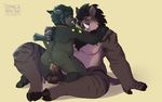  2017 anthro anus balls black_hair blush boar brown_fur butt cuntboy cuntboy/male digital_media_(artwork) duo embrace erection eyes_closed facial_piercing fur green_background green_fur green_hair hair hand_on_back hand_on_shoulder hooves intersex intersex/male kneeling larger_male lotus_position male mammal nipples nose_piercing nude penetration penis piercing porcine pussy pussy_juice sex simple_background sitting size_difference slightly_chubby spacenoise toju tusks vaginal vaginal_penetration watermark 