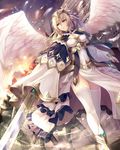  angel_wings armor armored_dress bangs blonde_hair breasts cape cleavage closed_mouth commentary_request feathered_wings hair_between_eyes headpiece highres holding holding_sword holding_weapon knight long_hair medium_breasts noe_noel original pelvic_curtain solo_focus sword thighhighs weapon white_legwear white_wings wings yellow_eyes 