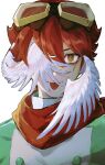  1boy absurdres aegiomon brown_hair digimon digimon_story:_time_stranger facial_mark goggles goggles_on_head green_jacket head_wings highres jacket jupitermon male_focus multicolored_jacket ninyunyan red_scarf scarf short_hair simple_background solo tongue tongue_out two-tone_jacket upper_body white_background white_jacket white_wings wings yellow_eyes yuuki_dan 