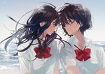  ahoge black_hair blue_sky bow bowtie brown_eyes closed_mouth collarbone commentary_request day eye_contact floating_hair fly_(marguerite) horizon long_hair looking_at_another multiple_girls ocean original parted_lips profile red_bow red_neckwear school_uniform shirt short_hair short_sleeves sky upper_body water white_shirt wind yuri 