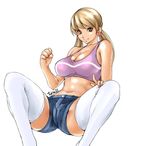  &gt;:) absurdres artist_name bare_arms bare_shoulders blonde_hair breasts cleavage closed_mouth collarbone commentary_request earrings green_eyes gundam gundam_tekketsu_no_orphans heart heart_earrings highres jewelry lafter_frankland large_breasts looking_at_viewer low_twintails navel shorts smile solo sports_bra stomach thighhighs tuna21 twintails v-shaped_eyebrows white_legwear 