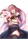  :d bangs bare_shoulders bit_(keikou_syrup) black_legwear black_skirt blue_eyes blush bouquet breasts brooch cleavage commentary_request cowboy_shot detached_collar flower headphones jewelry large_breasts long_hair megurine_luka megurine_luka_(vocaloid4) navel open_mouth pink_hair purple_eyes skirt smile solo thighhighs v4x very_long_hair vocaloid wristband 