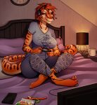  2018 anthro barefoot breasts clothing detailed_background digital_media_(artwork) female headphones reptile robyn_paperdoll scalie sitting smile snake solo 